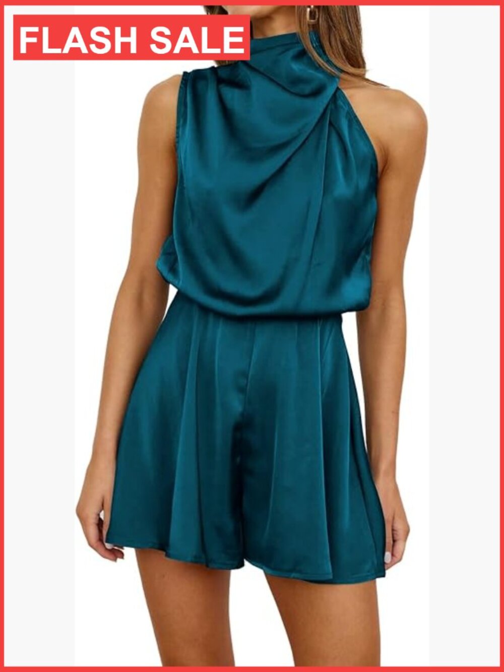 Satin Mock Neck Romper Jumpsuit Sleeveless Tie Waist Cocktail Dress Party